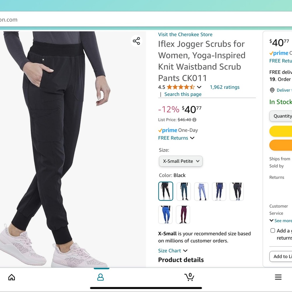 Cherokee Iflex Women’s XSP Black Scrub Joggers/Bottoms